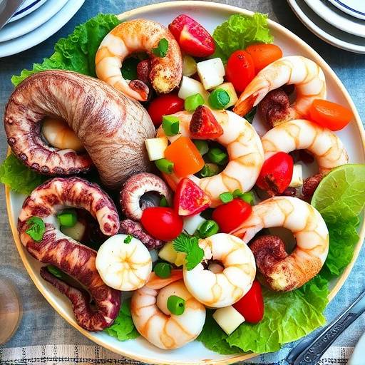 Antipasto di mare con polpo, gamberi e insalata
