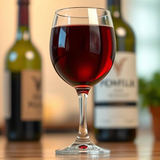 Calice di vino rosso locale con una bottiglia sullo sfondo