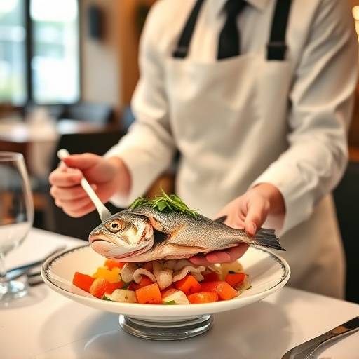 Cameriere che serve un piatto di pesce fresco al tavolo