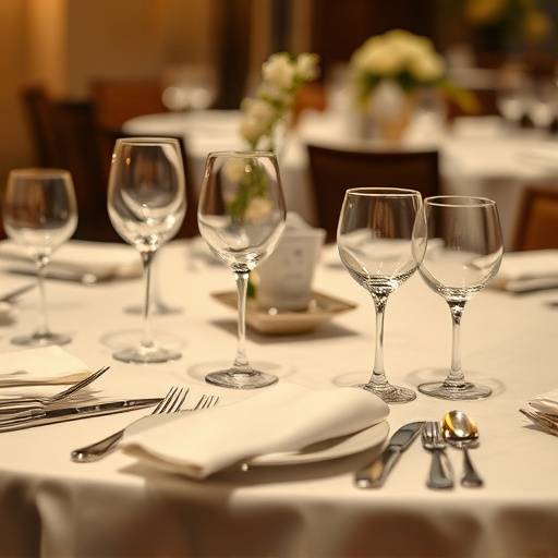 Dettaglio di un tavolo apparecchiato con posate, bicchieri e tovaglioli di lino