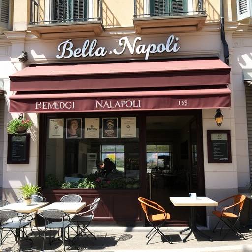 Foto della facciata del Ristorante Bella Napoli in Via San Gregorio Armeno, Napoli, Italia, con persone sedute ai tavoli esterni.