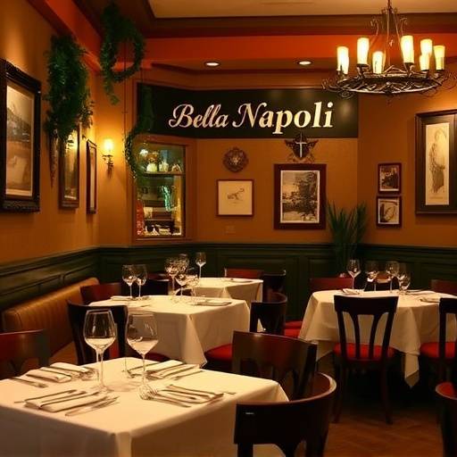 Interno accogliente del Ristorante Bella Napoli, con tavoli apparecchiati e personale cordiale
