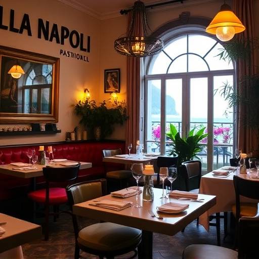 Interno accogliente del Ristorante Bella Napoli con tavoli apparecchiati e luci soffuse