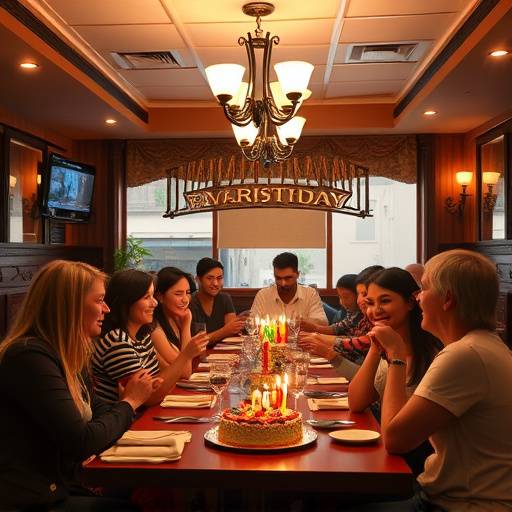 Interno del ristorante con un gruppo di persone che festeggiano un compleanno