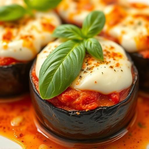 Piatto di parmigiana di melanzane con mozzarella e basilico