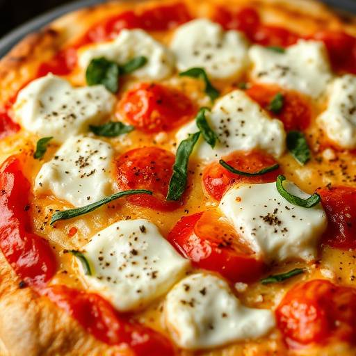 Primo piano di una pizza fritta con pomodoro, ricotta e pepe