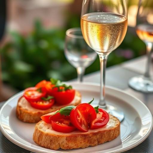 Un bicchiere di vino bianco frizzante con una bruschetta al pomodoro