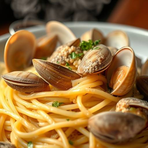 Un piatto fumante di Spaghetti alle Vongole Veraci, con vongole fresche e un profumo invitante.