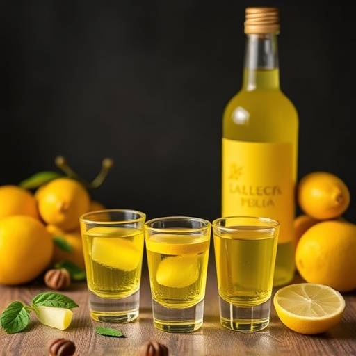 Una bottiglia di limoncello artigianale con bicchierini
