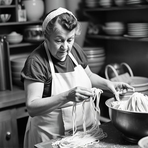 Una foto in bianco e nero di Nonna Luisa, la fondatrice del Ristorante Bella Napoli, mentre prepara la pasta fresca in cucina negli anni '50.