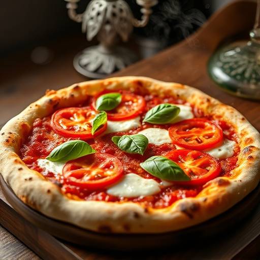 Una pizza Margherita fumante, appena sfornata, con pomodoro fresco, mozzarella filante e basilico profumato