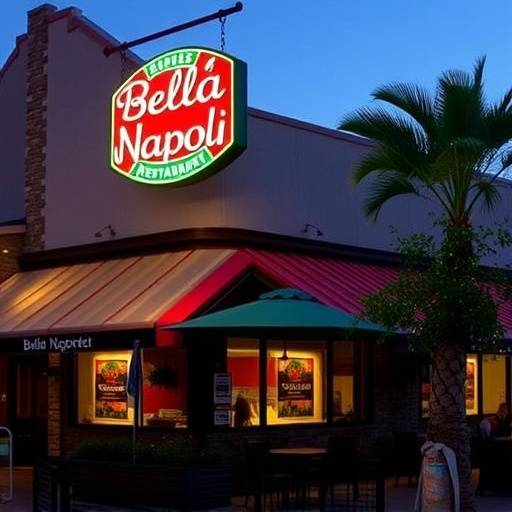 Vista esterna del Ristorante Bella Napoli con l'insegna luminosa e tavoli all'aperto